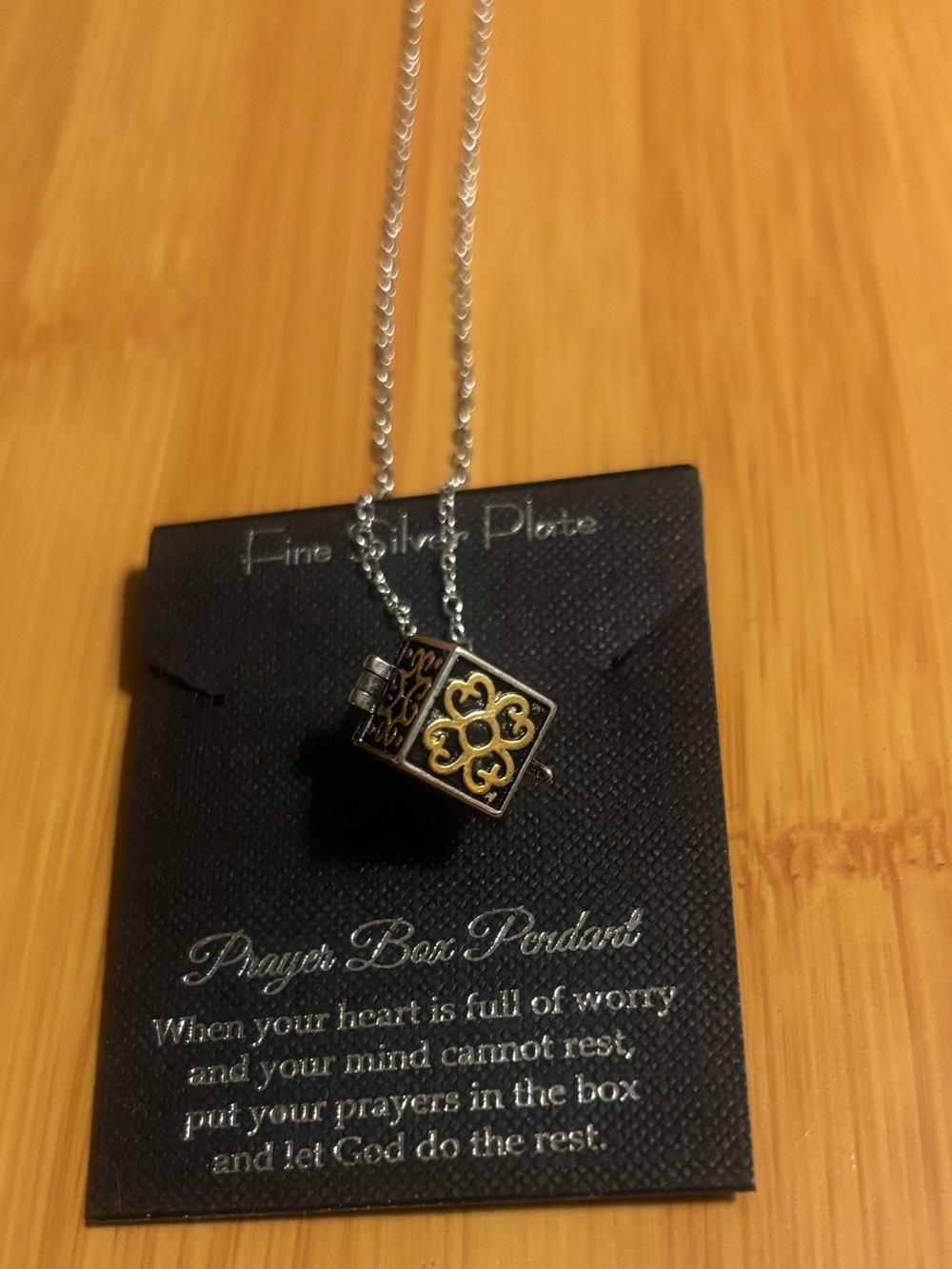 Prayer Box Pendant Necklace - Silver with Gold Accents- NEW